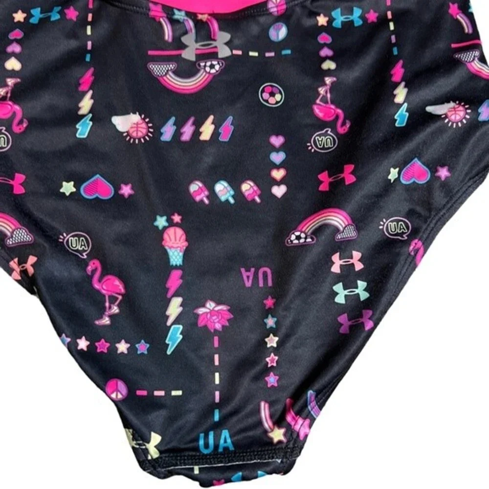 Under Armour One Piece Swimsuit Size 16 Black Hot Pink Modest Lined Graphic